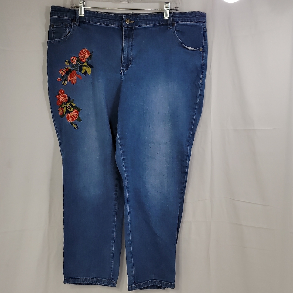 Woman Within Blue Cropped Jeans with Floral Embroidery